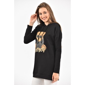 Moda Klon - Siyah Yan Yırtmaçlı Kapüşonlu Sweatshirt 
